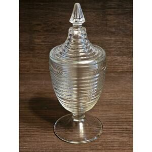 Vtg Anchor Hocking Clear Glass Depression Lidded Candy Dish Manhattan 9" Tall